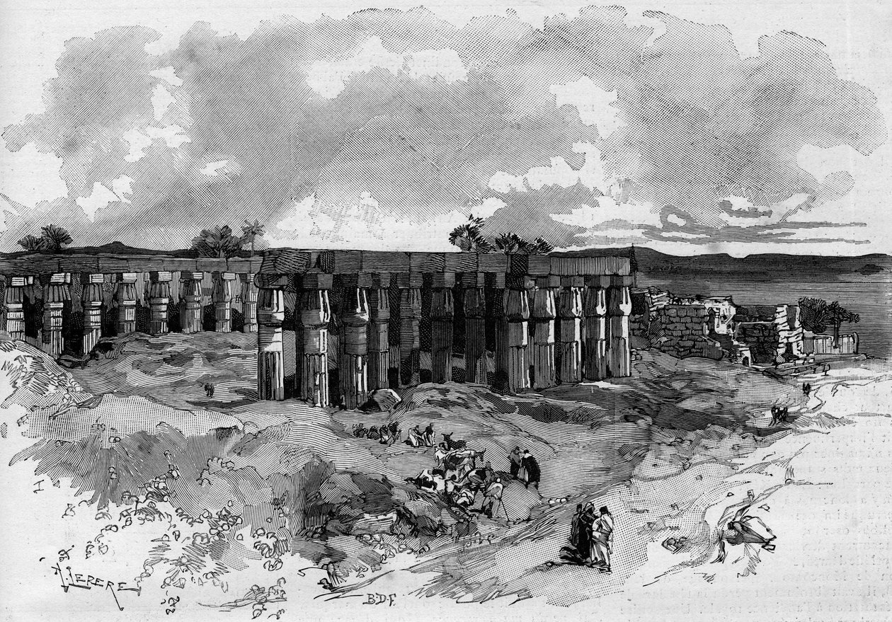 The excavations of Luxor in Egypt, led by Gaston Maspero (1846-1916) French egyptologist. Engraving in “” The Illustrous World”” 1885 av Unknown artist