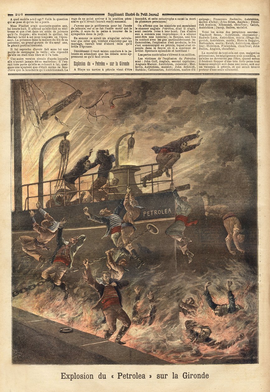Eksplosjonen av "Petrolea", en engelsk dampbåt som frakter olje, i Blaye, på Gironde. Gravering i "" Le petit journal"" 4/06/1892. Selvas samling. av Unknown artist