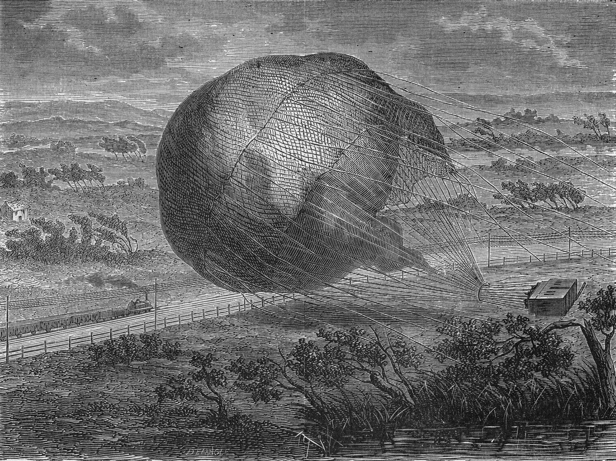 Ballens fall "" The Giant"" på Hannover-slettene i 1863 med om bord: Jules og Louis Godard, Felix Nadar, hans kone, Fernand Montgolfier og Thirion. I” Album de la Science”, Éditions Jouvet av Unknown artist