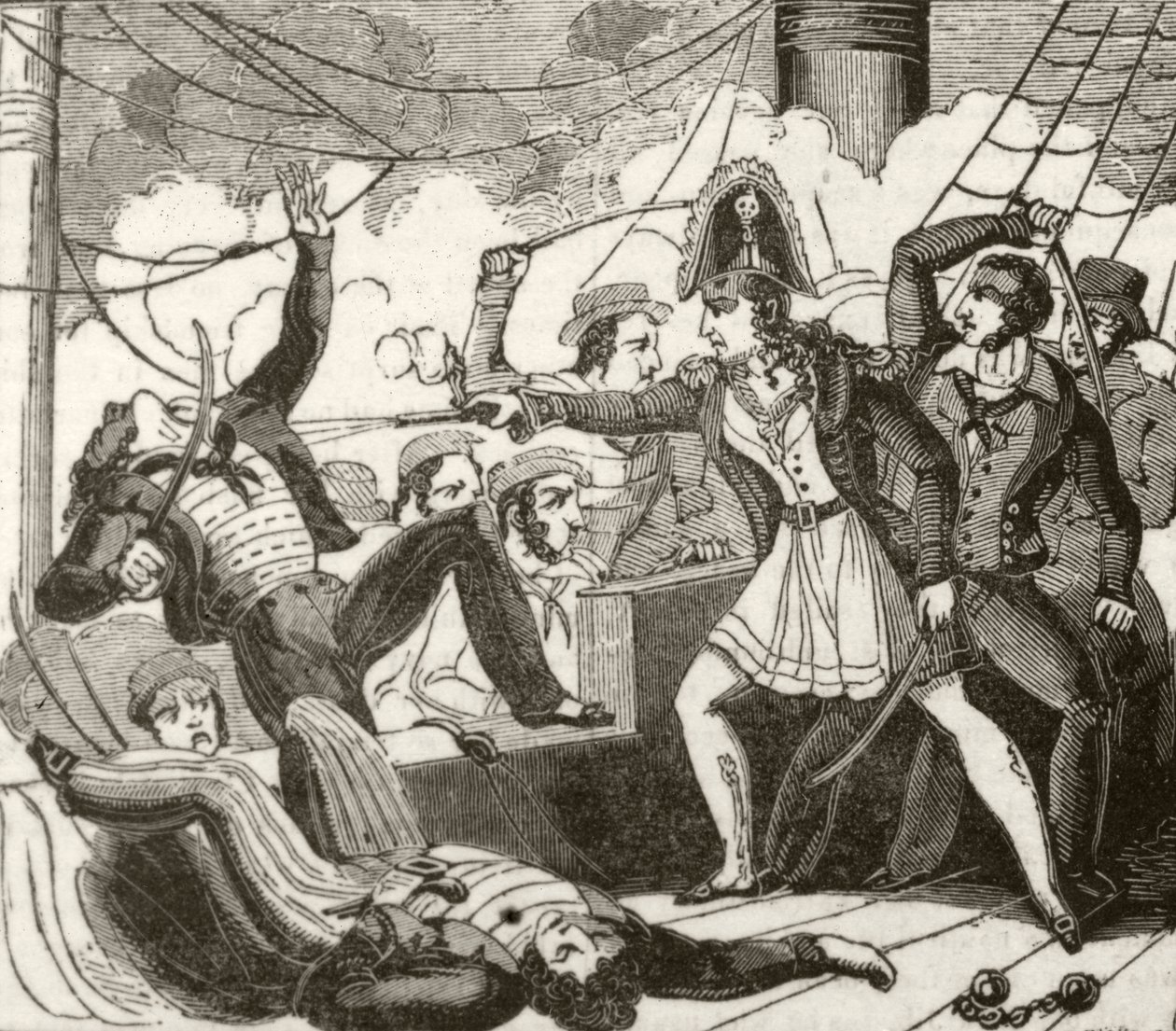 'Den kvinnelige piraten går ombord på det engelske skipet 'Lizard'', ca. 1836 av Unknown artist