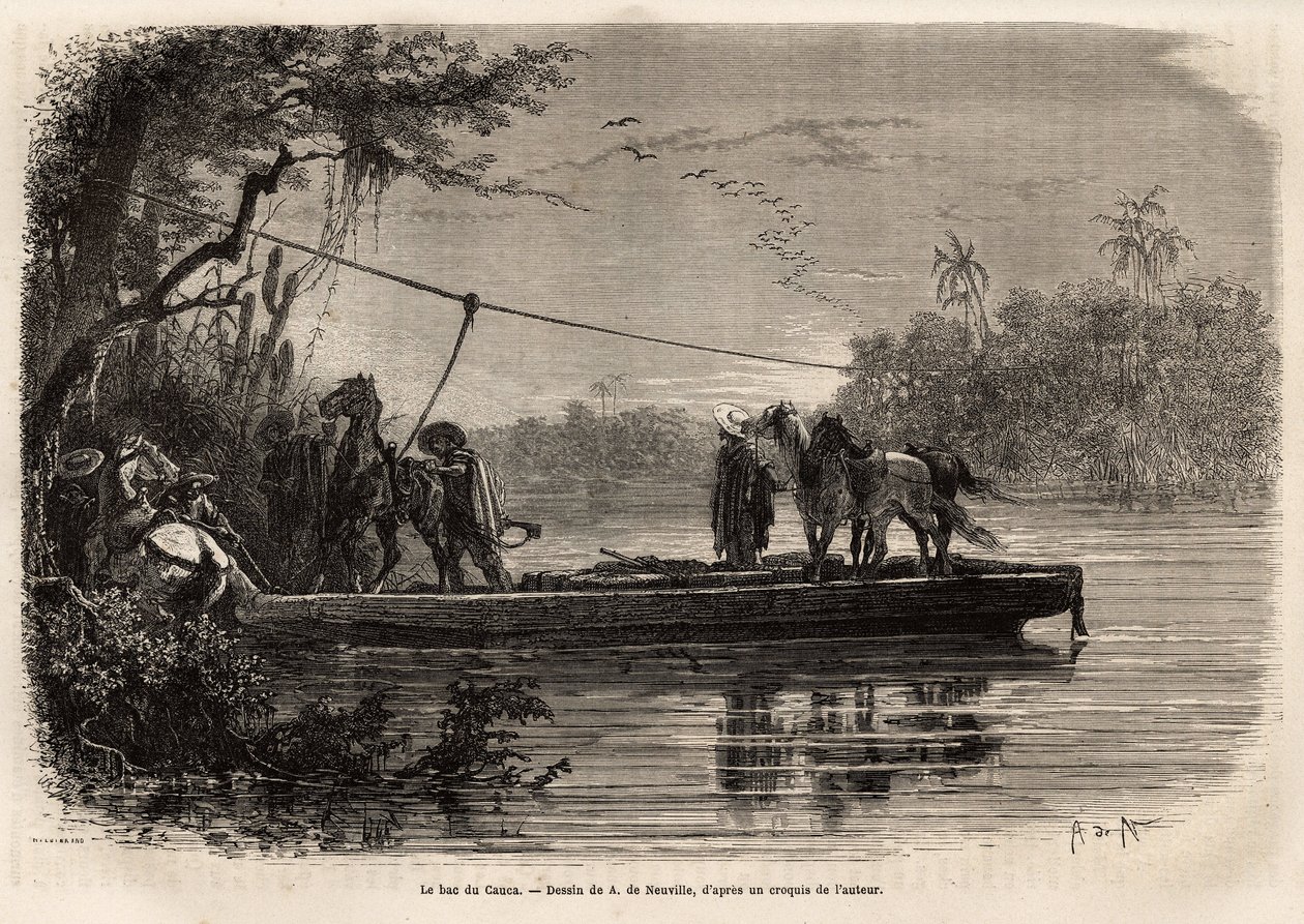 Fergen for å krysse elven Cauca. Gravering for å illustrere reisen til New Granada, av Dr. Saffray, i 1869, publisert i "" Le tour du monde""" 1873, redigert av Edouard Charton, utgave Hachette, Paris. Selva samling. av Unknown artist