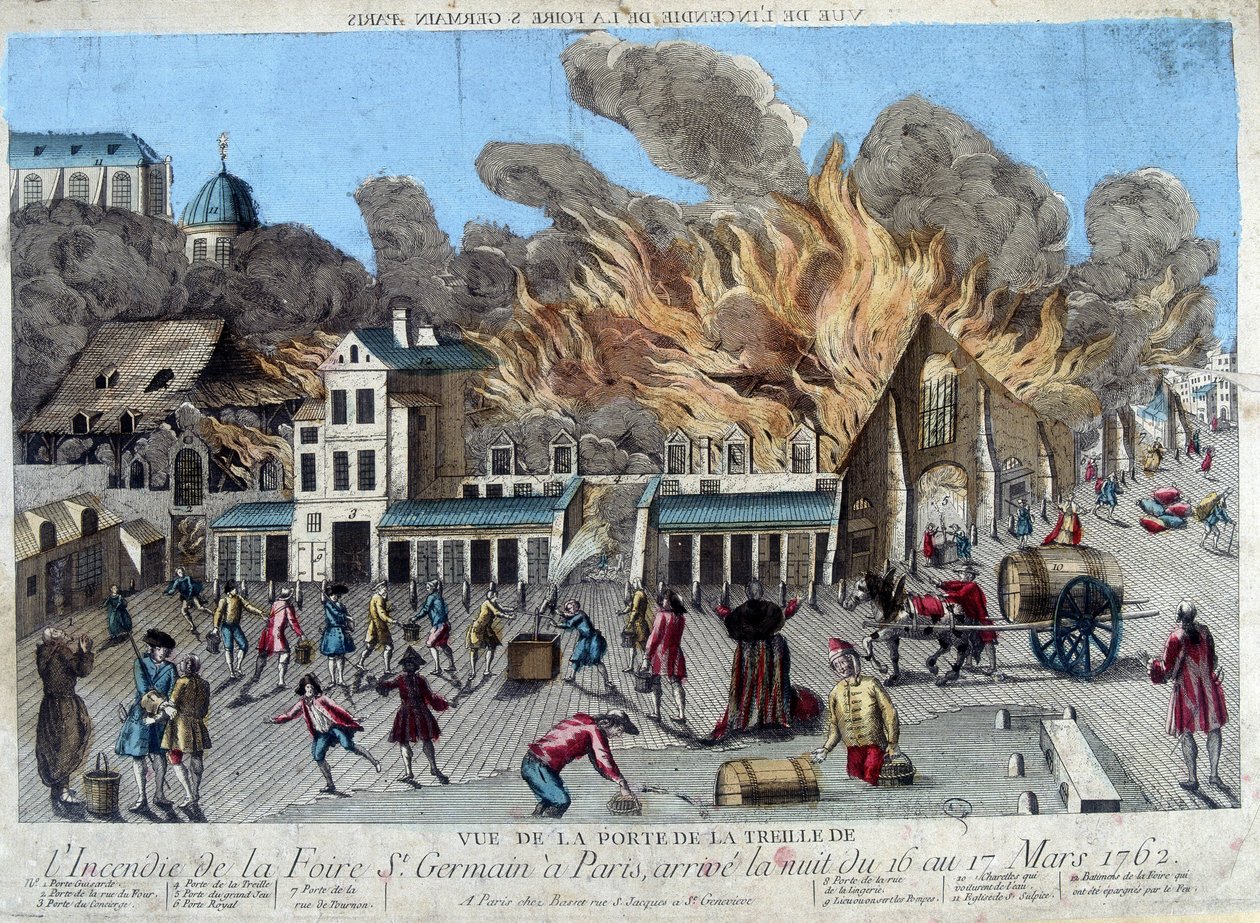 Brannen på Saint Germain-messen i Paris, natten 16. til 17. mars 1762, sett fra døren til Treille. Gravering fra 1700-tallet av Unknown artist