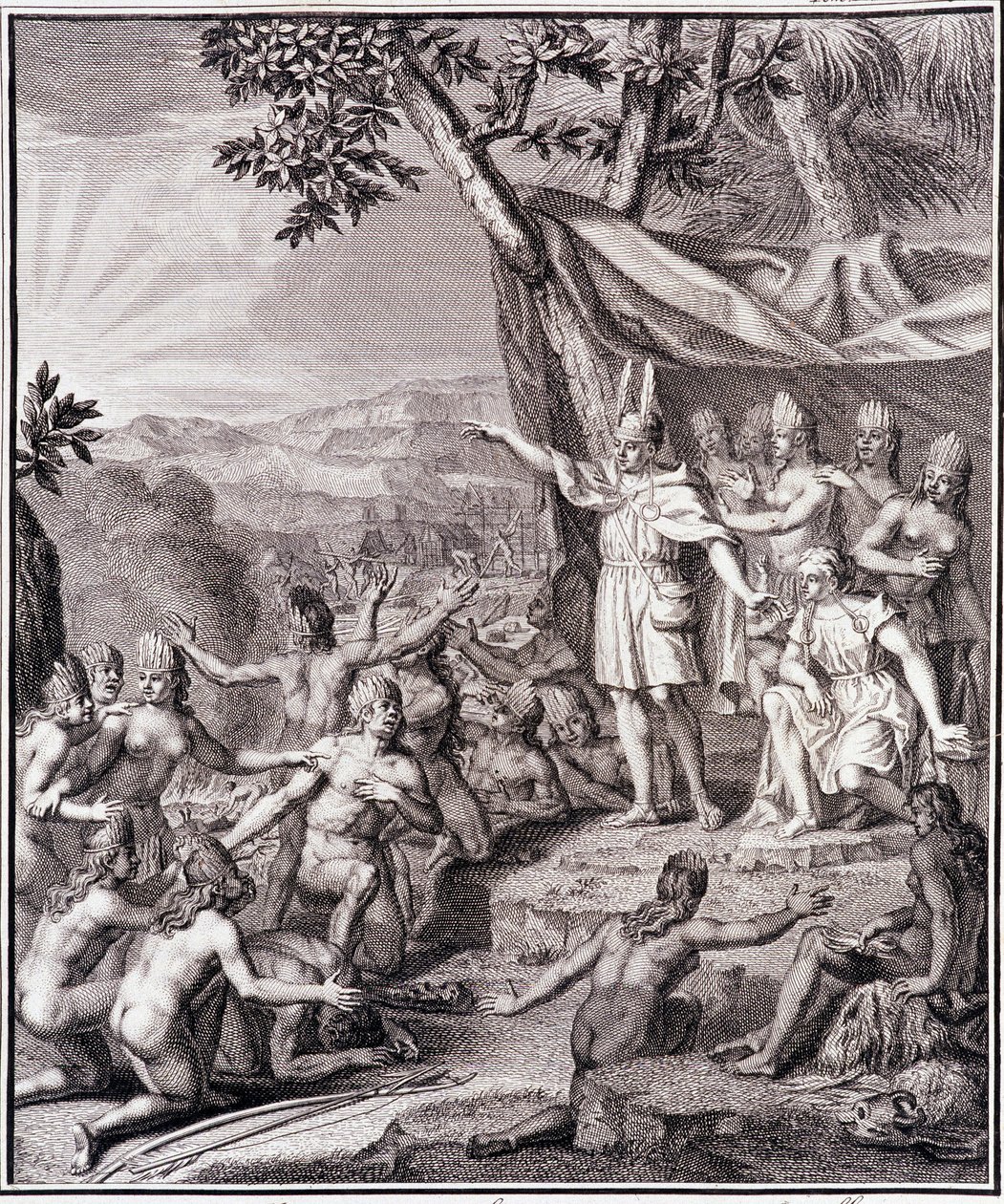 Den første inkaen Manco Capac og dronning Coya Mama Oello Huaco hans kone, begge solens barn, samler villmennene - i "" Historisk reise til Sør-Amerika utført på ordre fra kongen av Spania"" av Don Georges Juan & Don Antoine de Ulloa, T.II, utg. Jombert, av Unknown artist