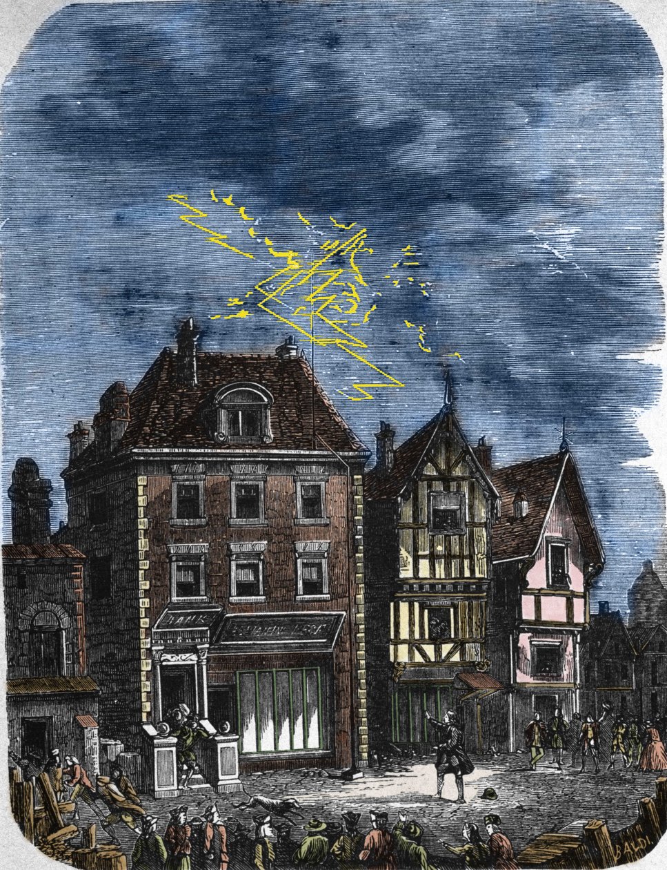 Den første lynavlederen etablert av Benjamin Franklin (1706-1790) på et hus i Philadelphia (USA). 1760. av Unknown artist