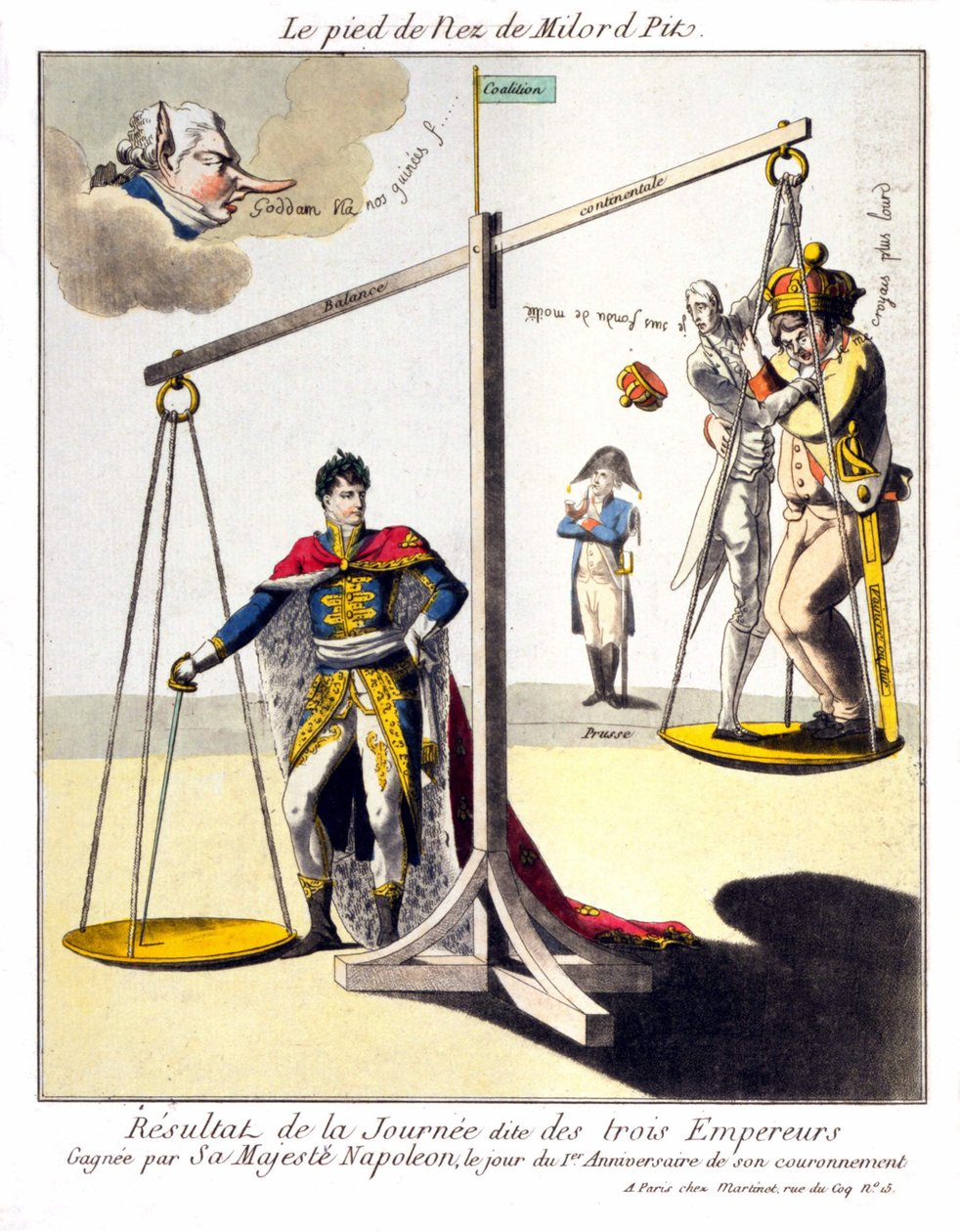 The Foot of the Nose of Milord Pit - Resultatet av den såkalte Day of the Three Emperors - vunnet av Hans Majestet Napoleon, på dagen for 1-årsdagen for hans kroning. Tegneserie om Napoleon I og den tredje koalisjonen (Storbritannia representert av William av Unknown artist