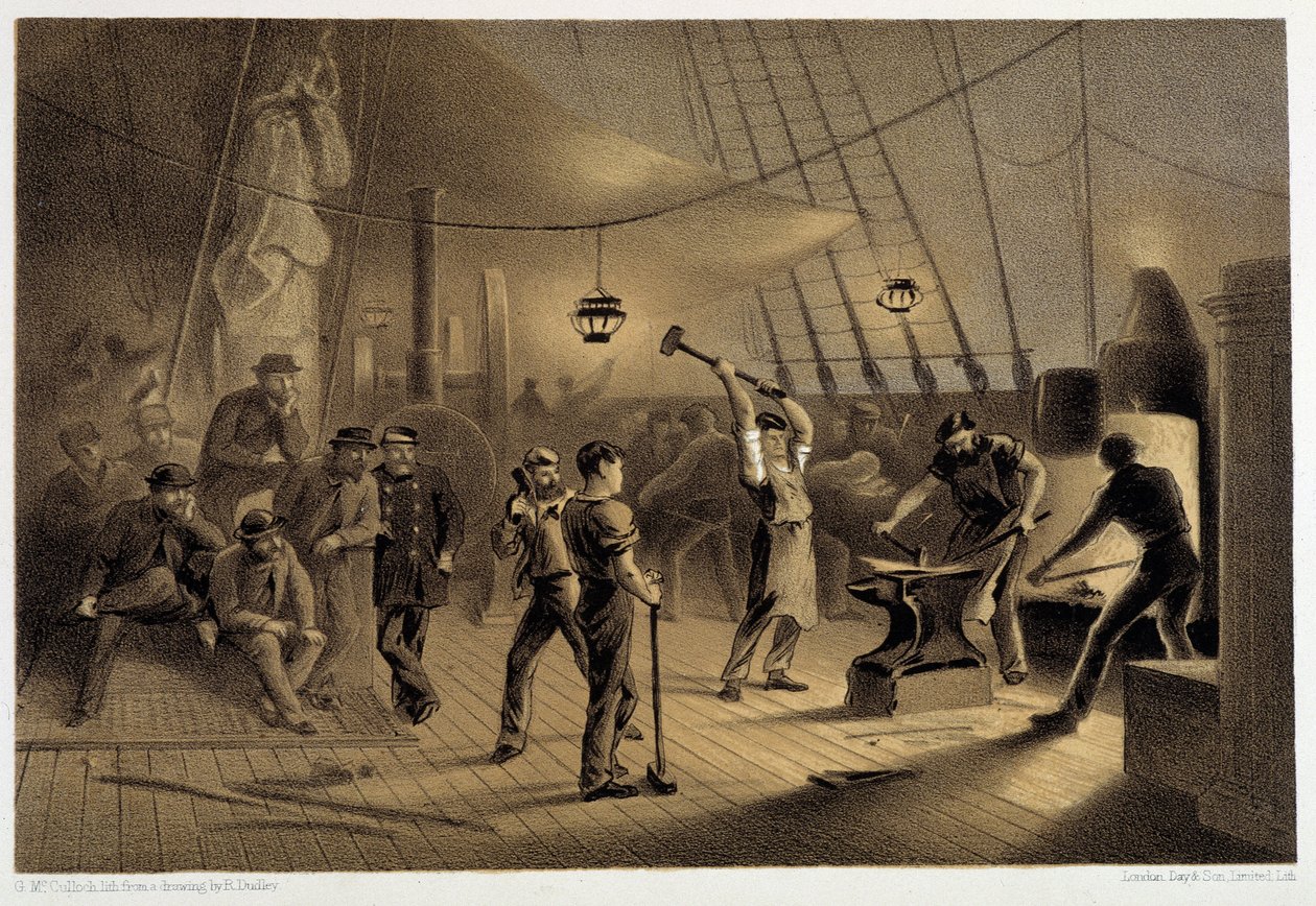 Smia på dekk. Natt til 9. august forbereder ifon-belegget for capstan - i "The Atlantic telegraph" av W. H. Russel, ca. 1860 av Unknown artist