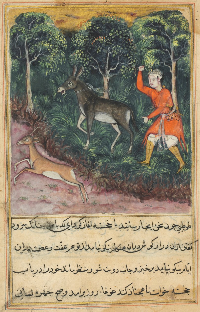 Gartneren griper og slår et esel som insisterte på å svelge, mens hjorten, dens følgesvenn flykter i sikkerhet, fra en Tuti-nama (Fortellinger om en papegøye): Forty-first Night av Unknown artist
