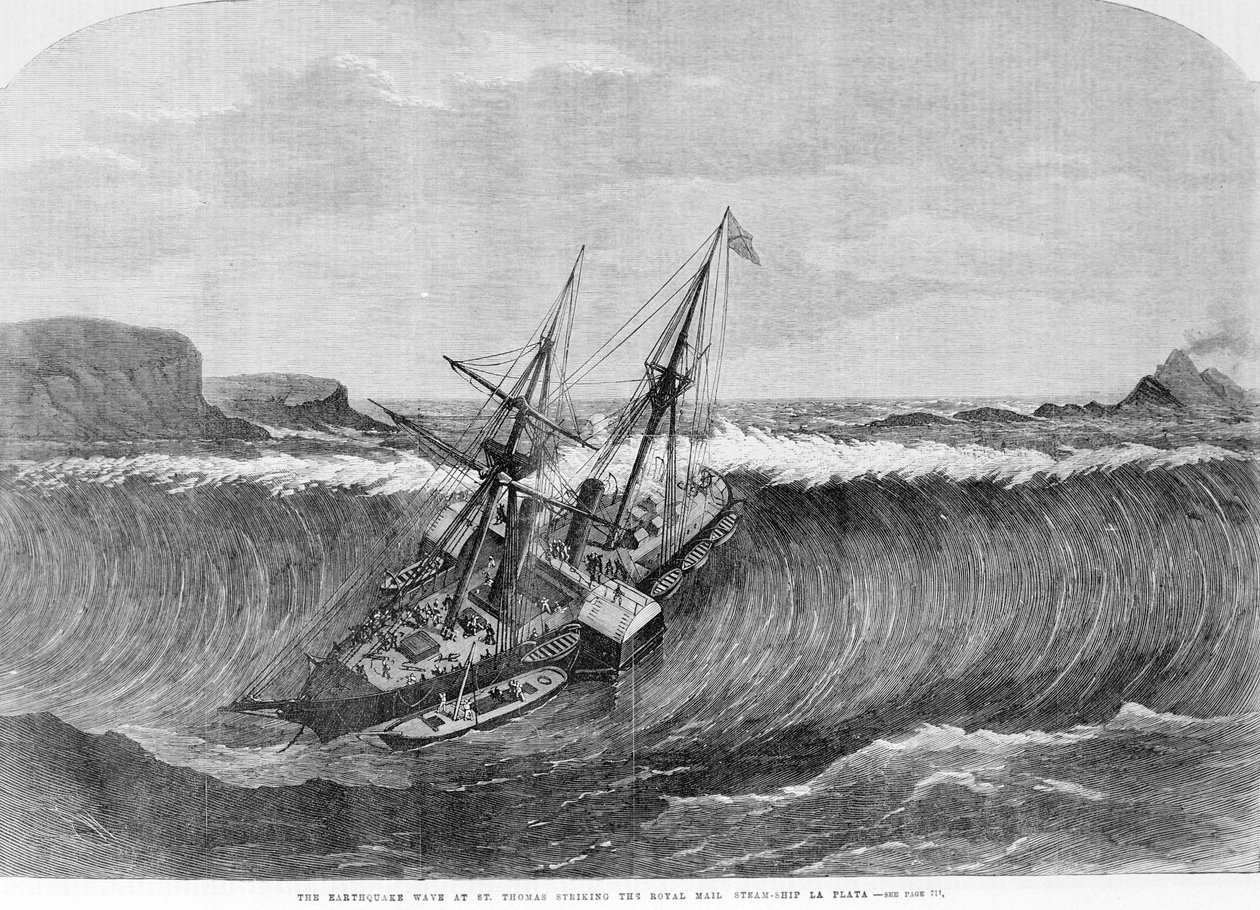 Den gigantiske bølgen av tsunamien i desember 1867 i Saint Thomas, Jomfruøyene faller på hjulbåten La Plata. Gravering av 1800-tallet. av Unknown artist