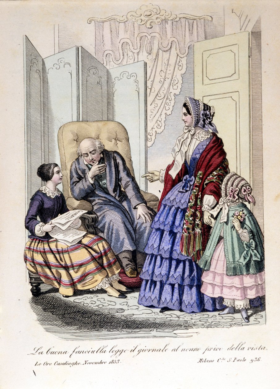 Jenta leser avisen for bestefaren som har mistet synet. Fra «The ore casalinghe», november 1853. av Unknown artist