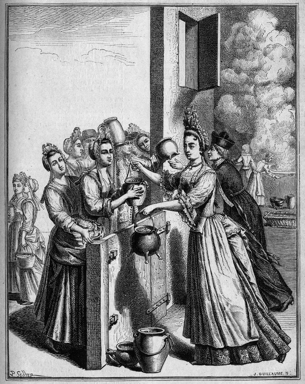 Hjelp av suppe i Paris under hungersnøden i 1709. Tegning av Sellier, etter et attende århundre trykk. av Unknown artist