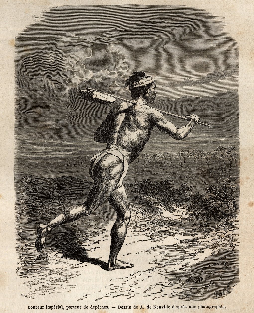 Den keiserlige løperen, som bærer Mikado-depechene. Gravering for å illustrere reisen til Japan, i 1863-1864, av Aime Humbert, minister for det sveitsiske konføderasjonen, i "" Le tour du monde, nouveau journal des voyages"" utgitt under ledelse av Edoua av Unknown artist