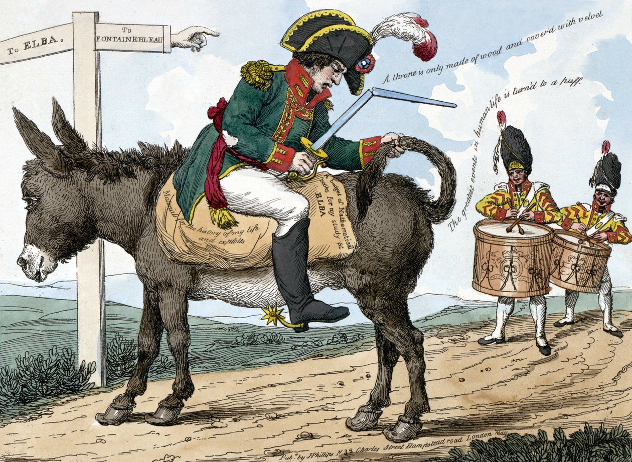 Reisen til en moderne helt, til øya Elba. Reisen til en moderne helt til øya Elba. Denne tegneserien viser Napoleon Bonaparte sittende på et esel på veien fra Fontainebleau til Elba-øya; han holder en sverdkasse i den ene hånden og av Unknown artist