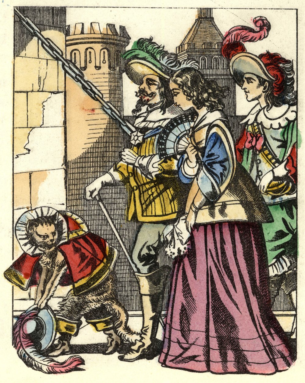 The king, the princess and the Marquis of Carabas arrive at the castle of the ogre precedes the Cat boot. Illustration of the tale “The cat botte” by Charles Perrault av Unknown artist
