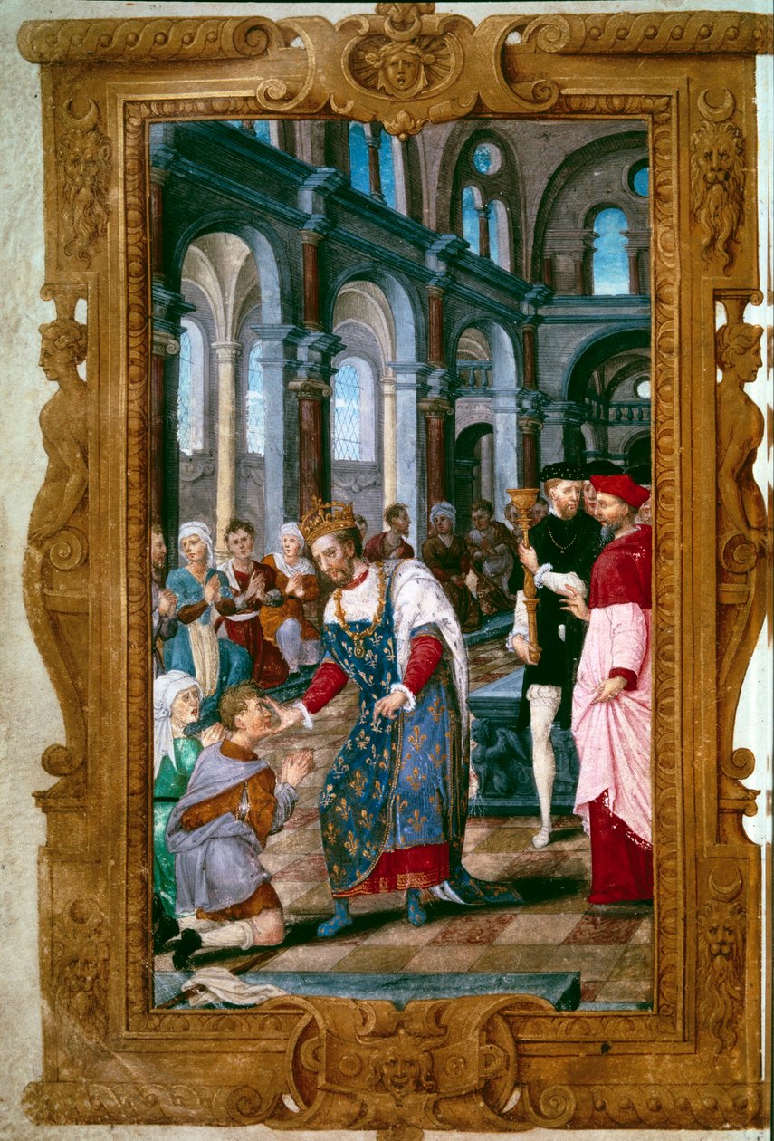 Kongen berører, Gud hører deg Kong Henrik II (1519-1559), thaumaturge, krigere en syk av ecrouelles i klosteret Saint Marcoul, like etter seremonien for kroningen av Reims. Nær ham buen til Reims. Miniatyr fra "The Hours of Henry II"" 154 av Unknown artist
