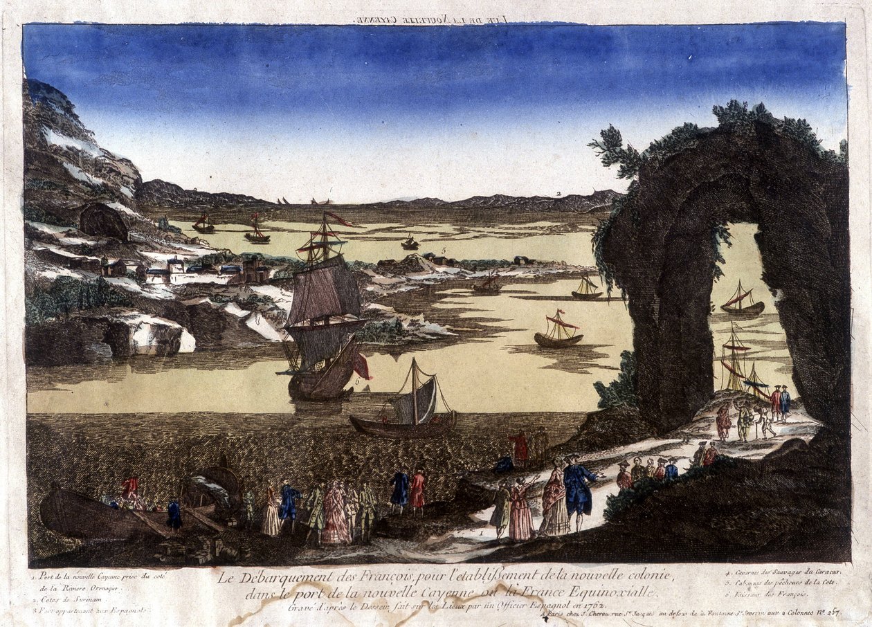Franskmennenes landing for etableringen av den nye kolonien i havnen Nouvelle Cayenne (eller France Equinoxiale) av Unknown artist