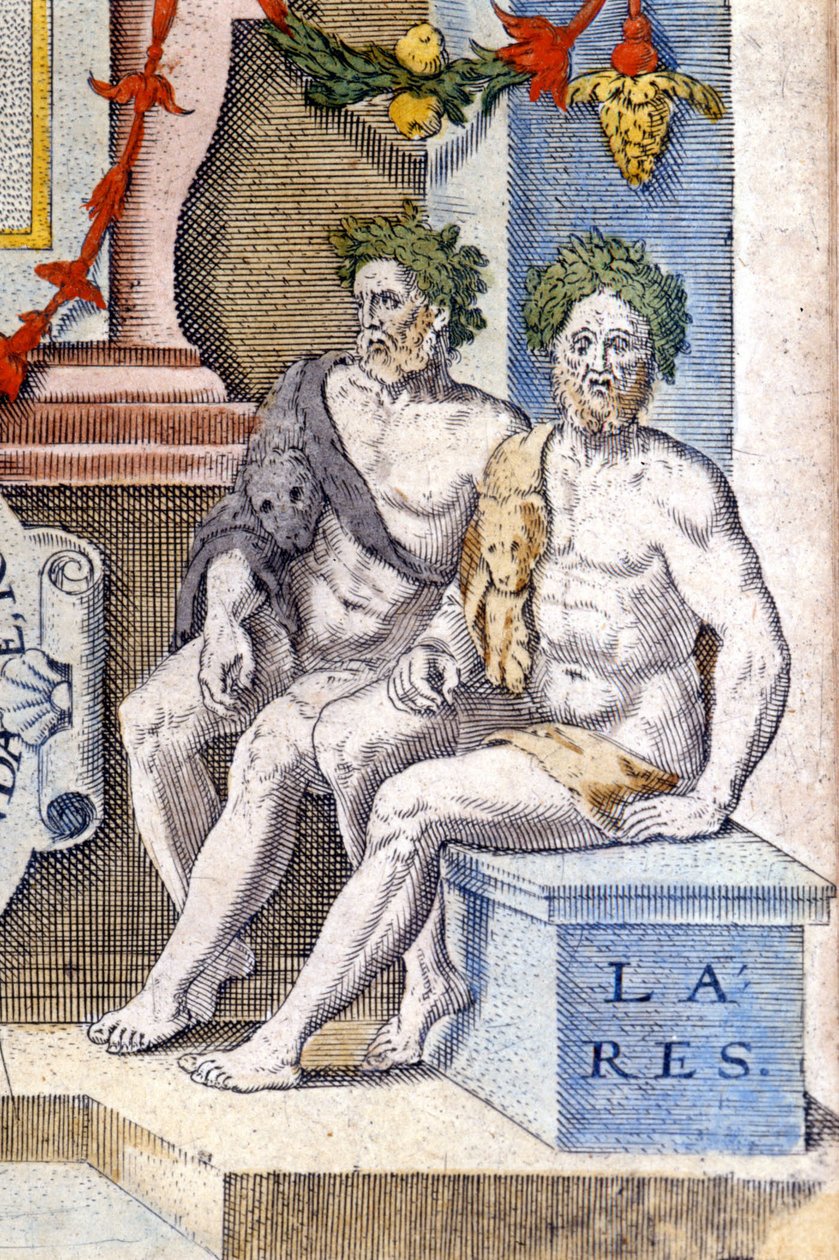 Lares gudene: de beskytter huset og dets innbyggere (de er åndene til forfedrene). Gravering fra 1500-tallet av Unknown artist