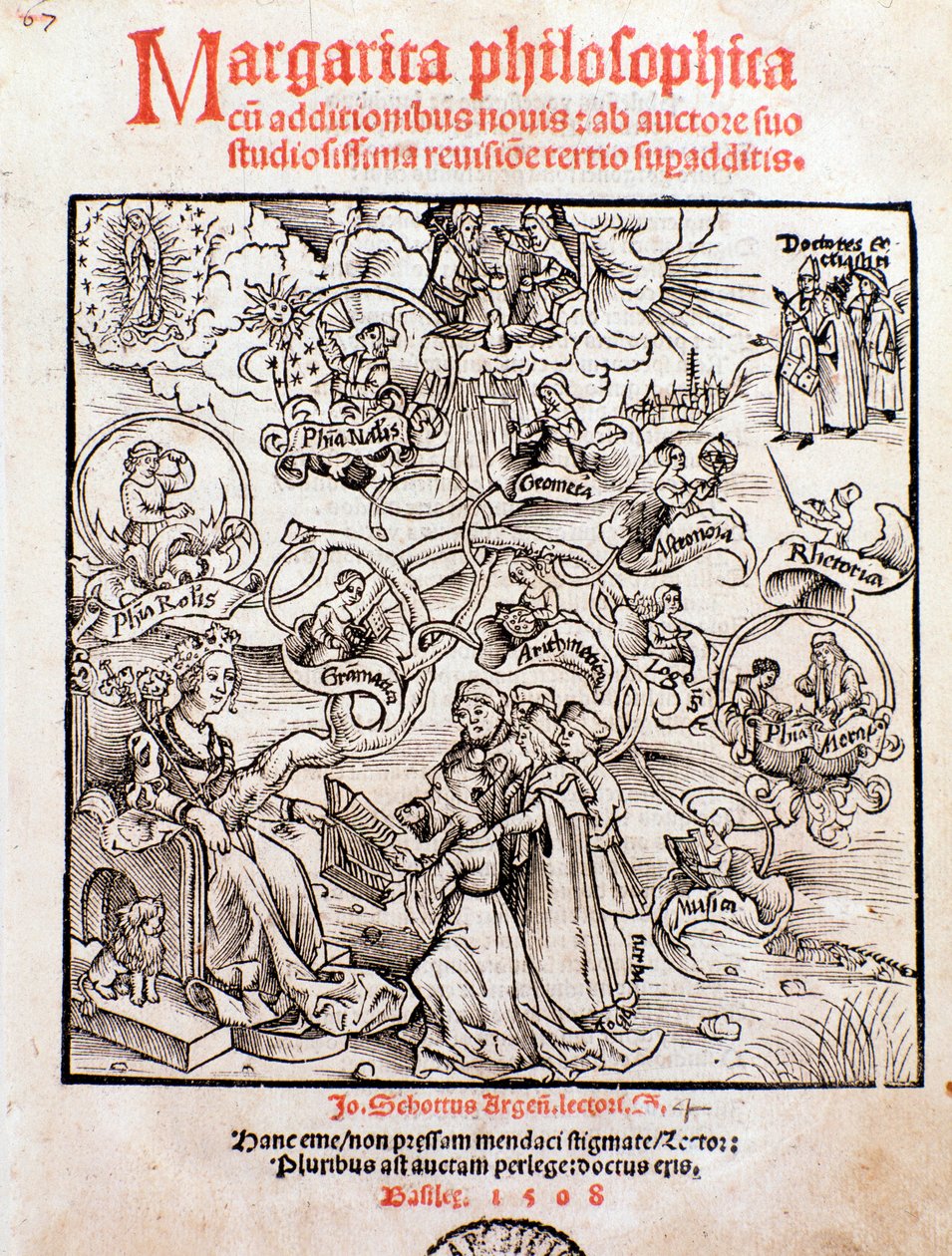 Den liberale kunsten: Trivium (grammatikk, logikk og retorikk) og quadrivium (aritmetikk, geometri, musikk og astronomi) (gravering av Unknown artist
