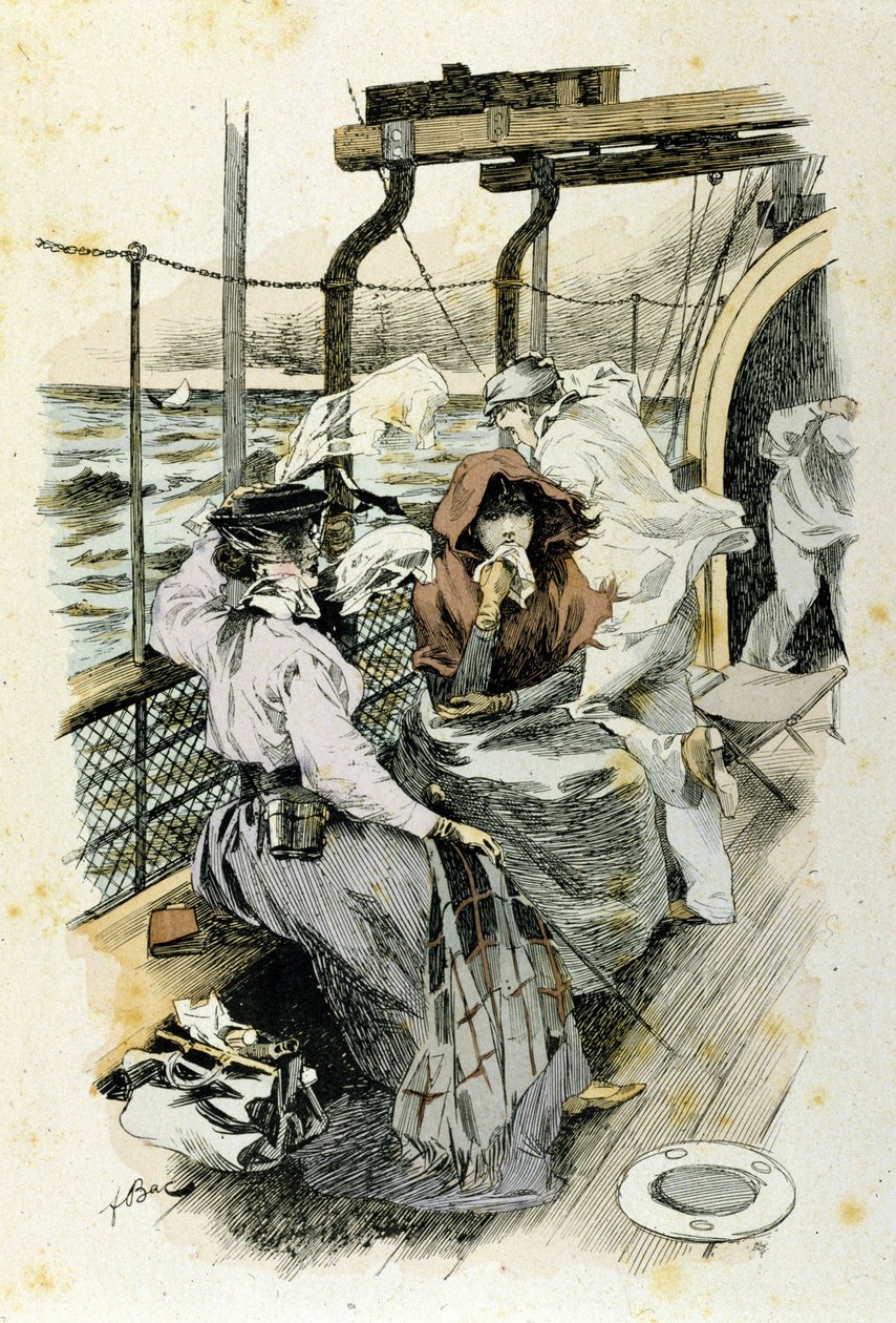 Livet til passasjerer om bord: en ung kvinne lider av sjøsyke. av Unknown artist
