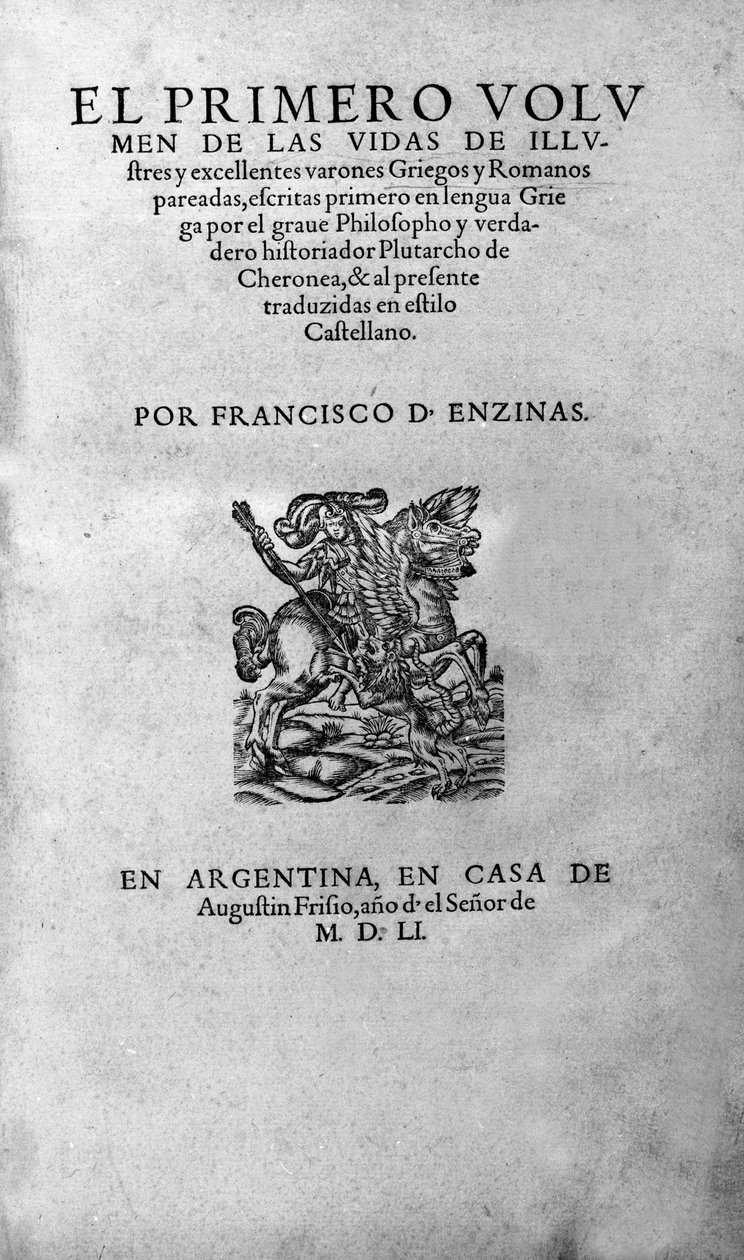 Livene til berømte menn. Frontispice av Plutarch di Cheronees bok, også kalt "Paralleles Lives"". argentinsk utgave av Unknown artist