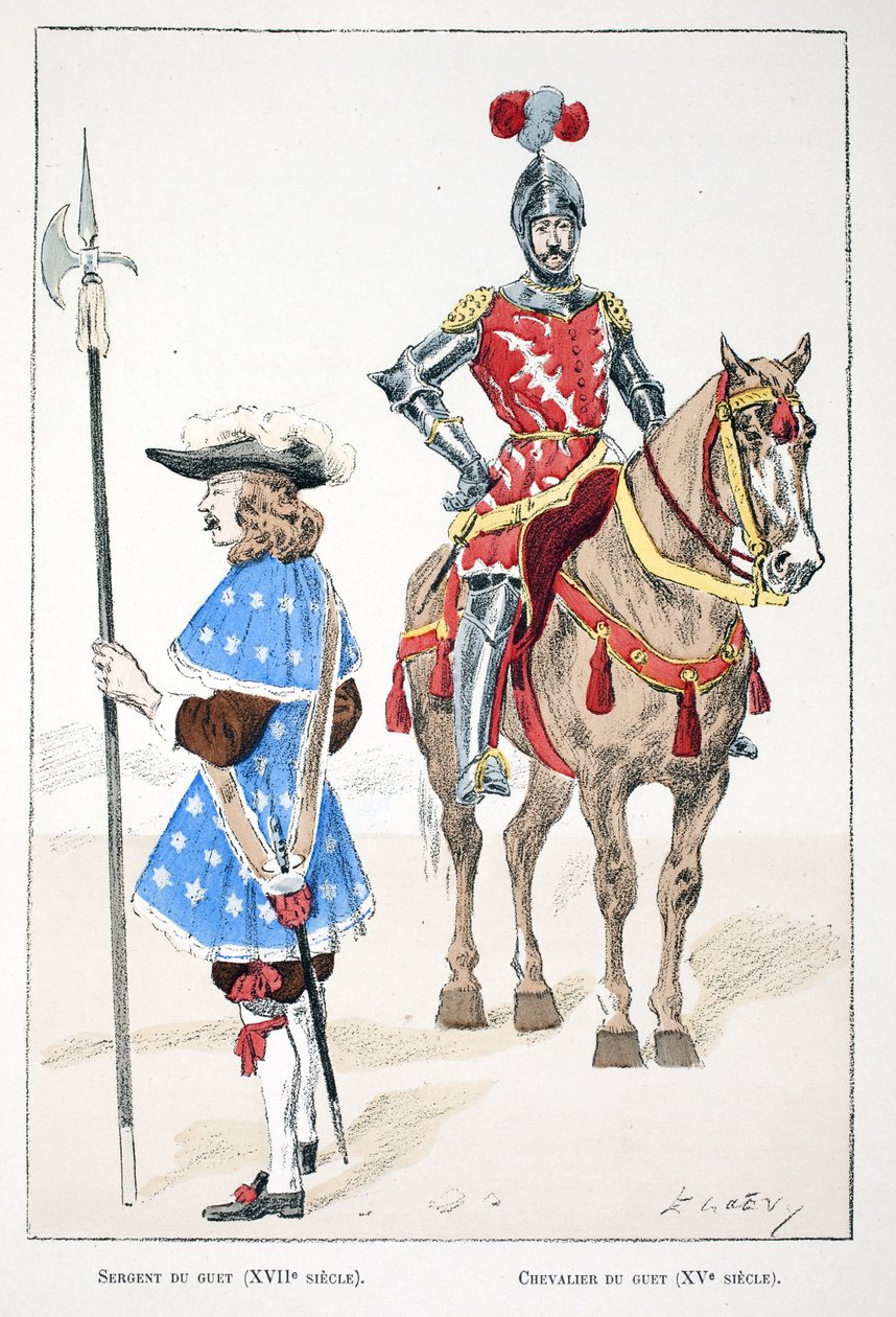 Utkikkssersjanten på 1600-tallet og ridderen på 1400-tallet. Etsning i farger, for illustrasjon "History of the Corps of Peacekeepers""" bok utgitt i regi av Louis Lepine (1846-1933), prefekt for politiet på Seinen av Unknown artist