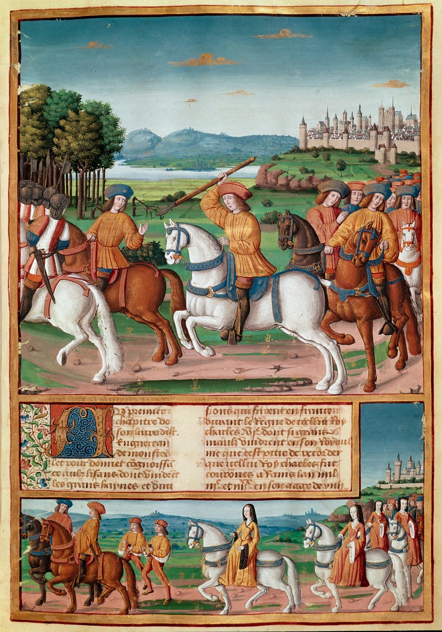 Galskapen til Karl VI (1368 - 1422). 5. august 1392, i Le Mans-skogen, begynte han å oppleve angrep av rasende galskap: Han skrek på forræderi, angrep sin egen tropp og drepte fire miniatyrmennesker fra "" Chronicles de Enguerrand de Mo av Unknown artist