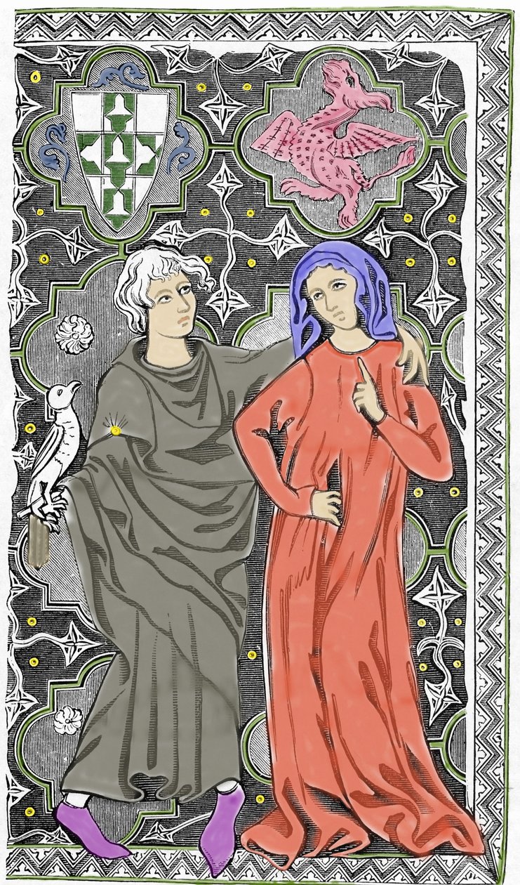 Magikeren Merlin the Enchanter møter feen Viviane i skogen Broceliande. Representasjon av et e-postmanuskript av Limoges fra begynnelsen av 1400-tallet. 1800-tallet. av Unknown artist