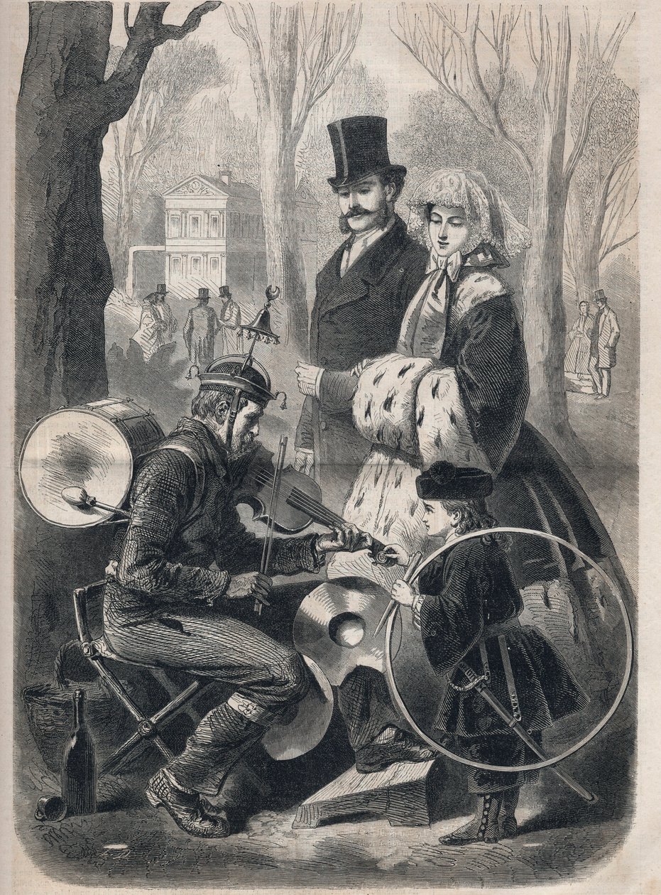 Manneorkesteret på Champs Elysees i Paris. Han har en bjellehatt, en rullekasse på ryggen, cymbaler på knærne og spiller fiolin. Gravering i “Le Monde illustrious”” fra 1862. Privat samling. av Unknown artist