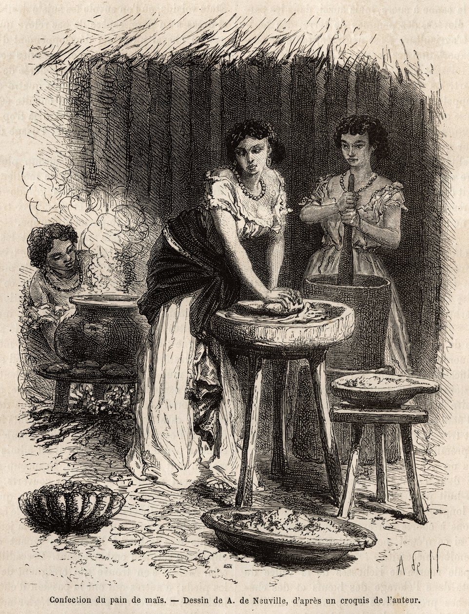 Produksjon av maisbrød, grunnlaget for mat, av kvinner i Great Cauca Valley (Colombia). Gravering for å illustrere reisen til New Granada, av Dr. Saffray, i 1869, publisert i "" Le tour du monde""" 1873, redigert av Edouard Charton, utgave Hachet av Unknown artist