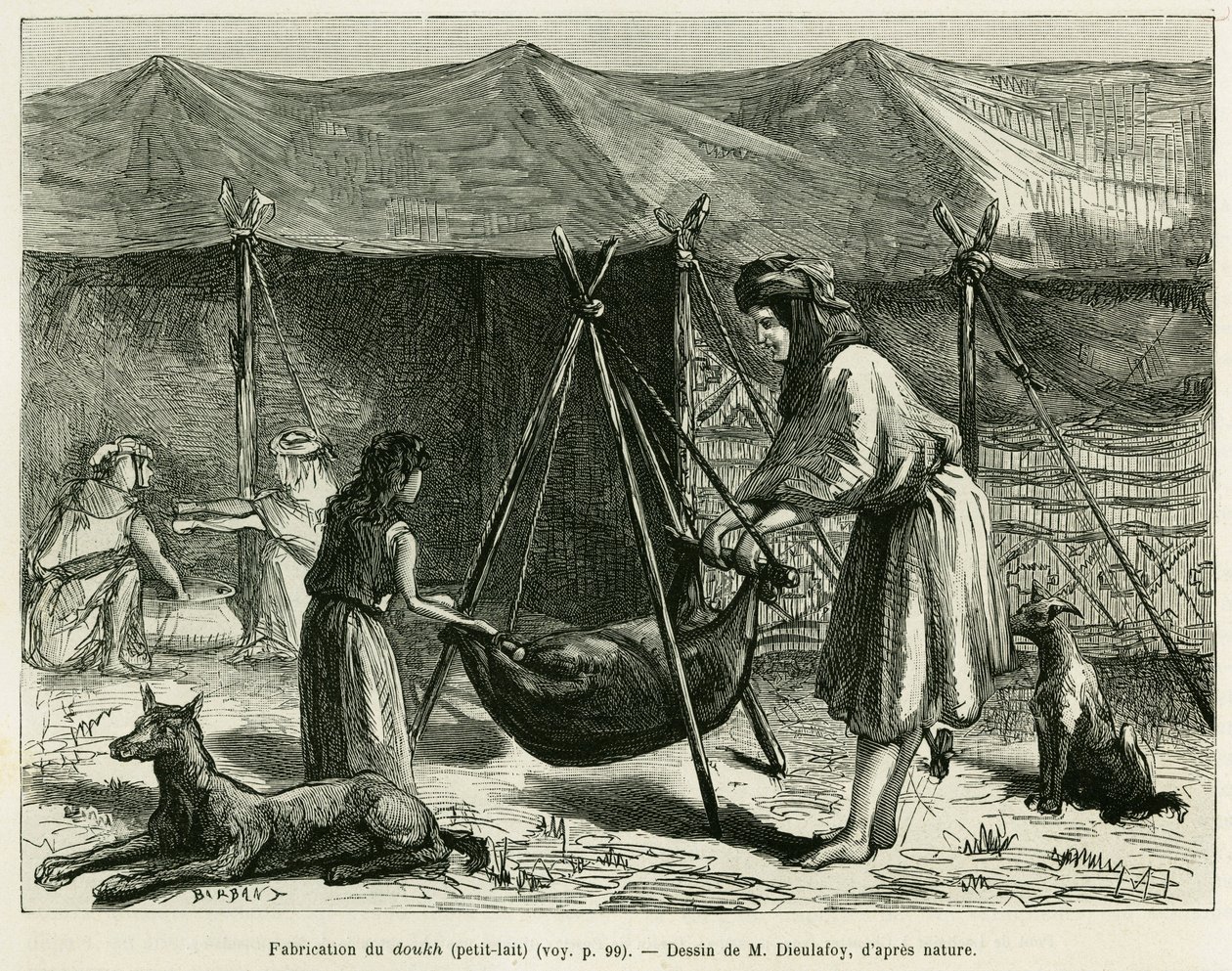 Produksjon av melk av kvinnene til gjetere i Karoun-regionen. Gravering for å illustrere historien La Perse, la Chaldee et la Susiane av Jane Delafoy (1851-1916), akademioffiser, i le tour du monde 1886, regissert av Edouard Charton (1807-1890), Ha av Unknown artist