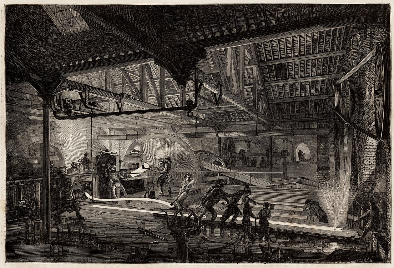 Produksjonen av skinnene i de gamle smiene i Le Creusot, stålstrimlene, hvite av varme, strekker seg i skinner mellom valseverkene. Gravering for å illustrere en reise til Creusot og gruvene i Saone og Loire, i 1865, av L. Simonin, i "" Le tou av Unknown artist