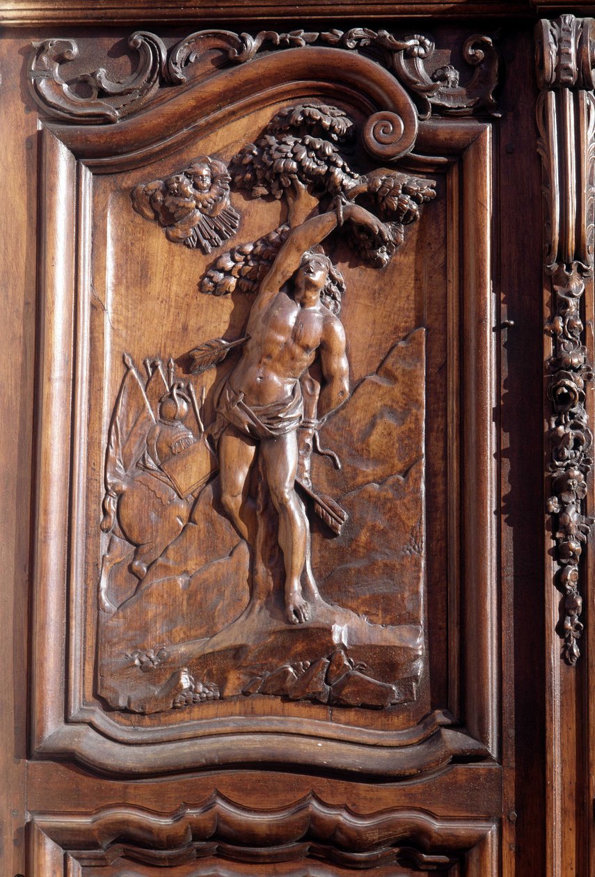 San Sebastians martyrium, detalj av den utskårne tredøren til kirken for den ulastelige unnfangelsen, Menton. av Unknown artist