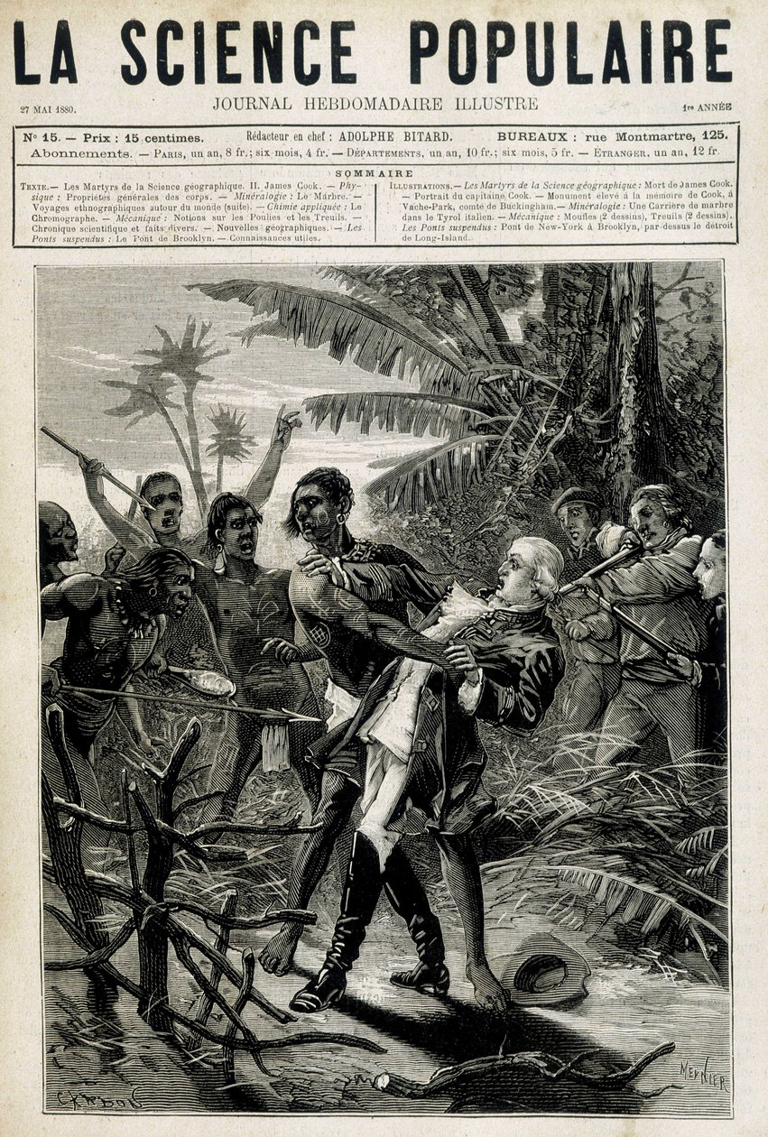 Geografisk vitenskaps martyrer: Kaptein Cooks død. Forside "" La Science populaire"" av 27. mai 1880 av Unknown artist