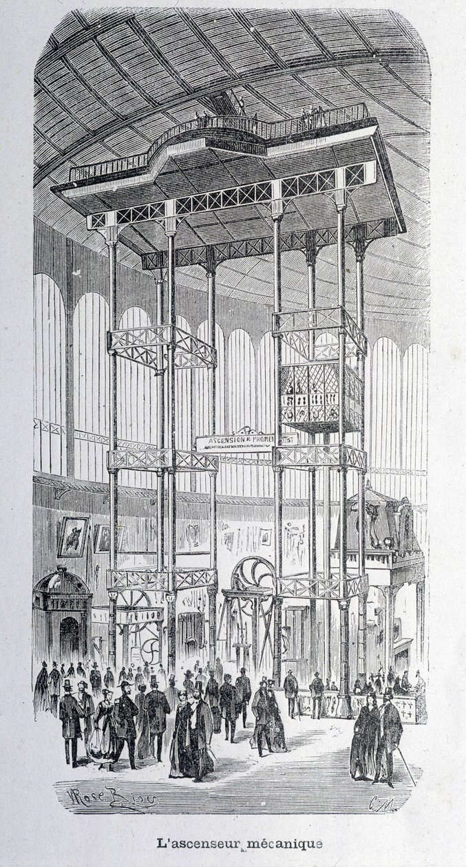 Den mekaniske heisen til ingeniøren Edoux på verdensutstillingen i 1867 - grav. av Unknown artist