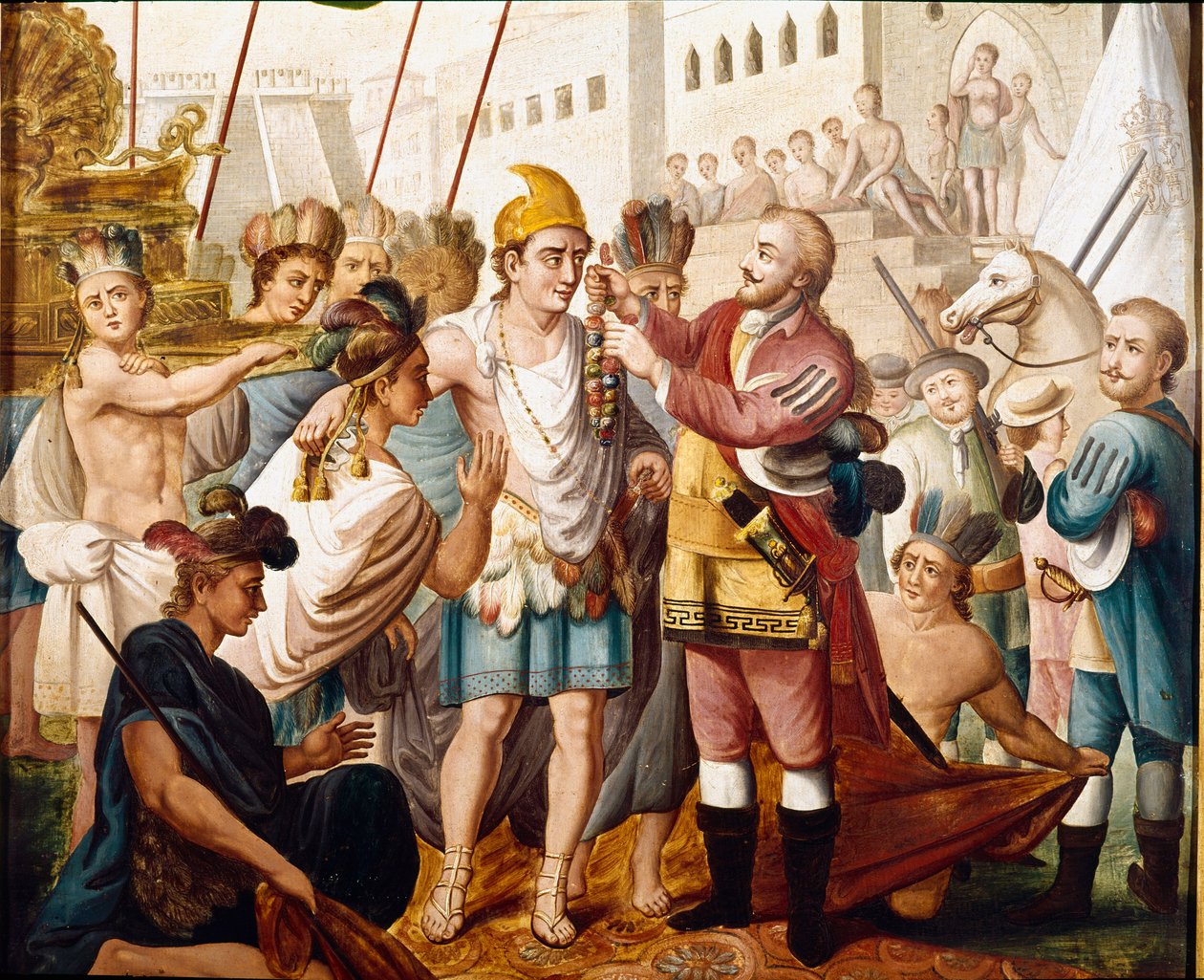Møtet mellom Hernan (eller Hernando) Cortes eller Fernand Cortez (1485-1547) og den aztekiske kongen Montezuma (eller Moctezuma: 1466 - 1520) i november 1519 Anonymt maleri fra 1800-tallet. Museum of America, Madrid. av Unknown artist