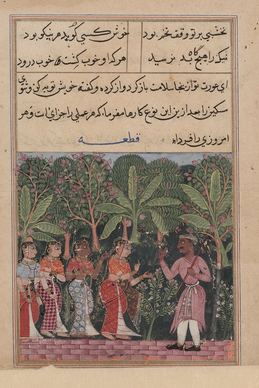 Kjøpmannens datter møter gartneren, fra en Tuti-nama (Tales of a Parrot): Twelfth Night av Unknown artist