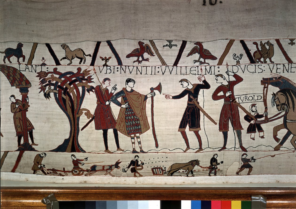 Sendebudene til hertug Guillaume (1027 - 1087) kommer for å finne Guy de Ponthieu - Bayeux-teppet, kjent som Broderi av dronning Mathilde av Unknown artist