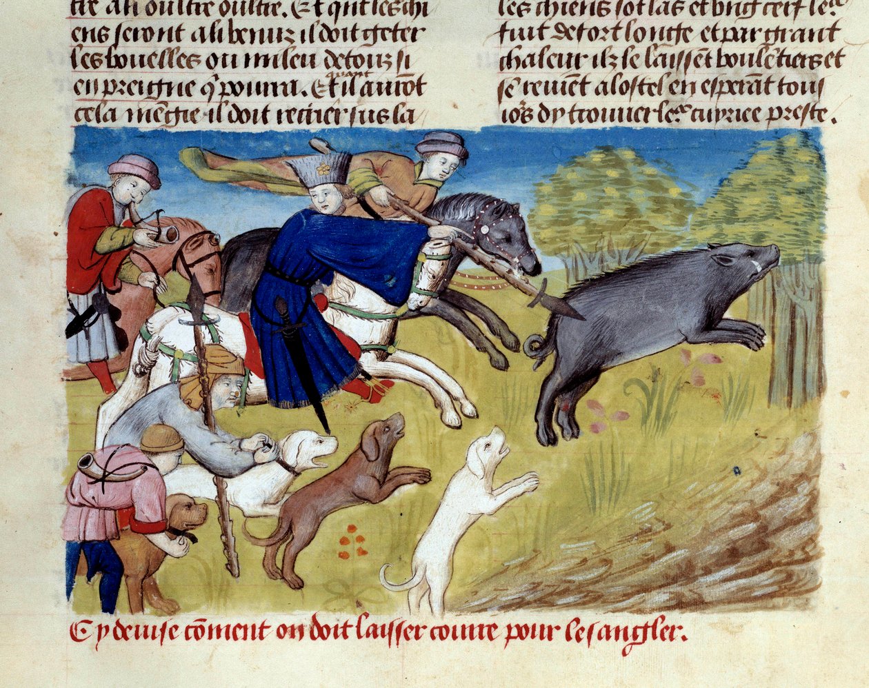 Villsvinjakten i miniatyr fra "" The book of hunting"" av Gaston III Phoebus, greve av Foix, Lord of Bearn (1331-1391) av Unknown artist