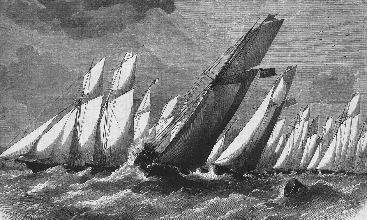 Det havkappløp til Royal Victoria Yacht Club i 1868 - gravering, Bibl. des Arts deco. av Unknown artist