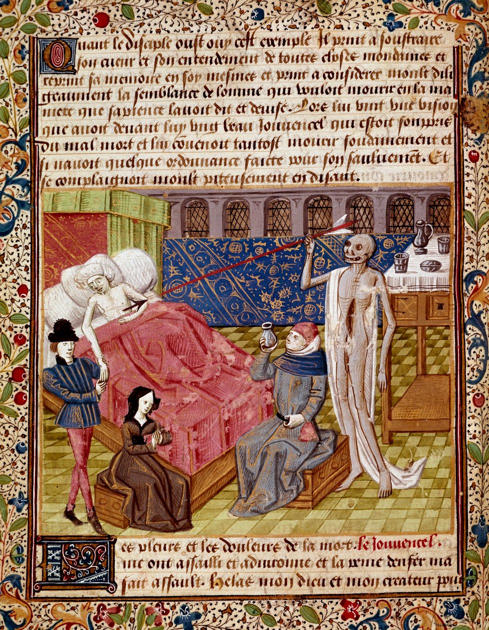 Pasienten blir truffet av miniatyrdøden hentet fra "" Le Tresor de Sapience"" (eller "Le traite du jardin amoureux") av Jean Gerson (1363-1429) Chantilly fra 1400-tallet, Musee Conde av Unknown artist