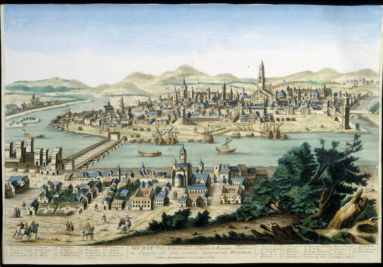 Havnen og byen Sevilla - gravering fra 1700-tallet. av Unknown artist