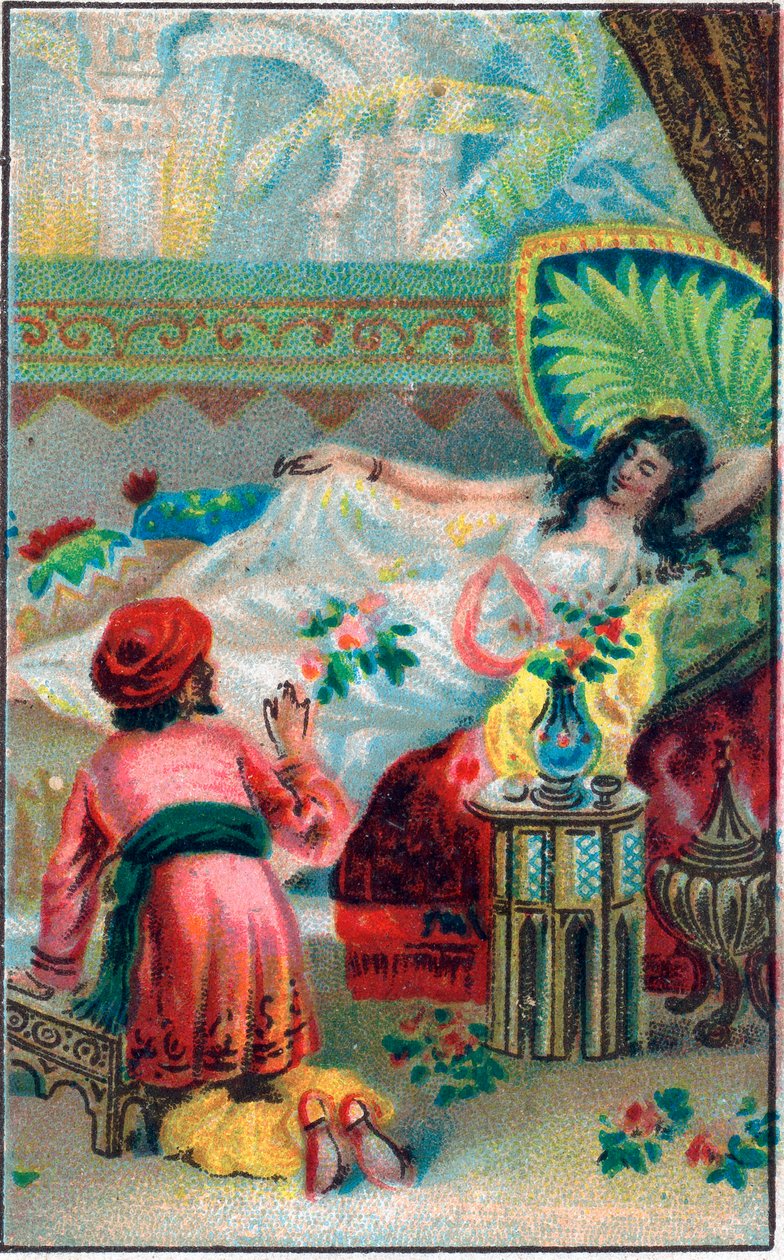 Prinsen og prinsessen. Fortellingen "" Historien om den fortryllede hesten"" i "De tusen og en natt" (de 1001 nettene eller Le mille e una notte, Arabian Nights). Kromolitografi fra slutten av 1800-tallet. av Unknown artist