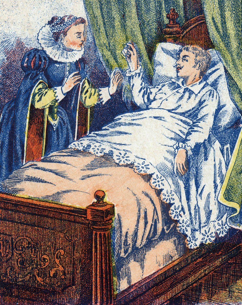 The prince shows the ring to his mother. Anonymous illustration for “” Donkey Skin”” tale by Charles Perrault (1628-1703), French writer. Imagery Marcel Vagne, Jarville Nancy, undated (late 19th century). av Unknown artist