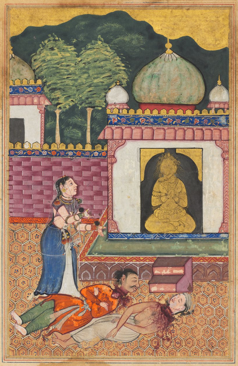 Prinsessen oppdager de døde kroppene, med avkuttede hoder, av ektemannen og hans Brahman-venn, fra en Tuti-nama (Tales of a Parrot): Trettifjerde natt av Unknown artist
