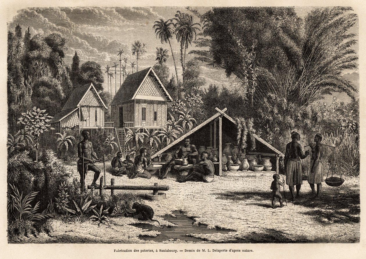 Produksjon av keramikk i Saniaboury (Laos). Gravering for å illustrere utforskningsreisen i Indokina, av Francis Garnier, løytnant de Vaissseau, i 1866-1868, publisert i "" Le tour du monde""" 1870-1871, redigert av Edouard Charton, utgave Hac av Unknown artist