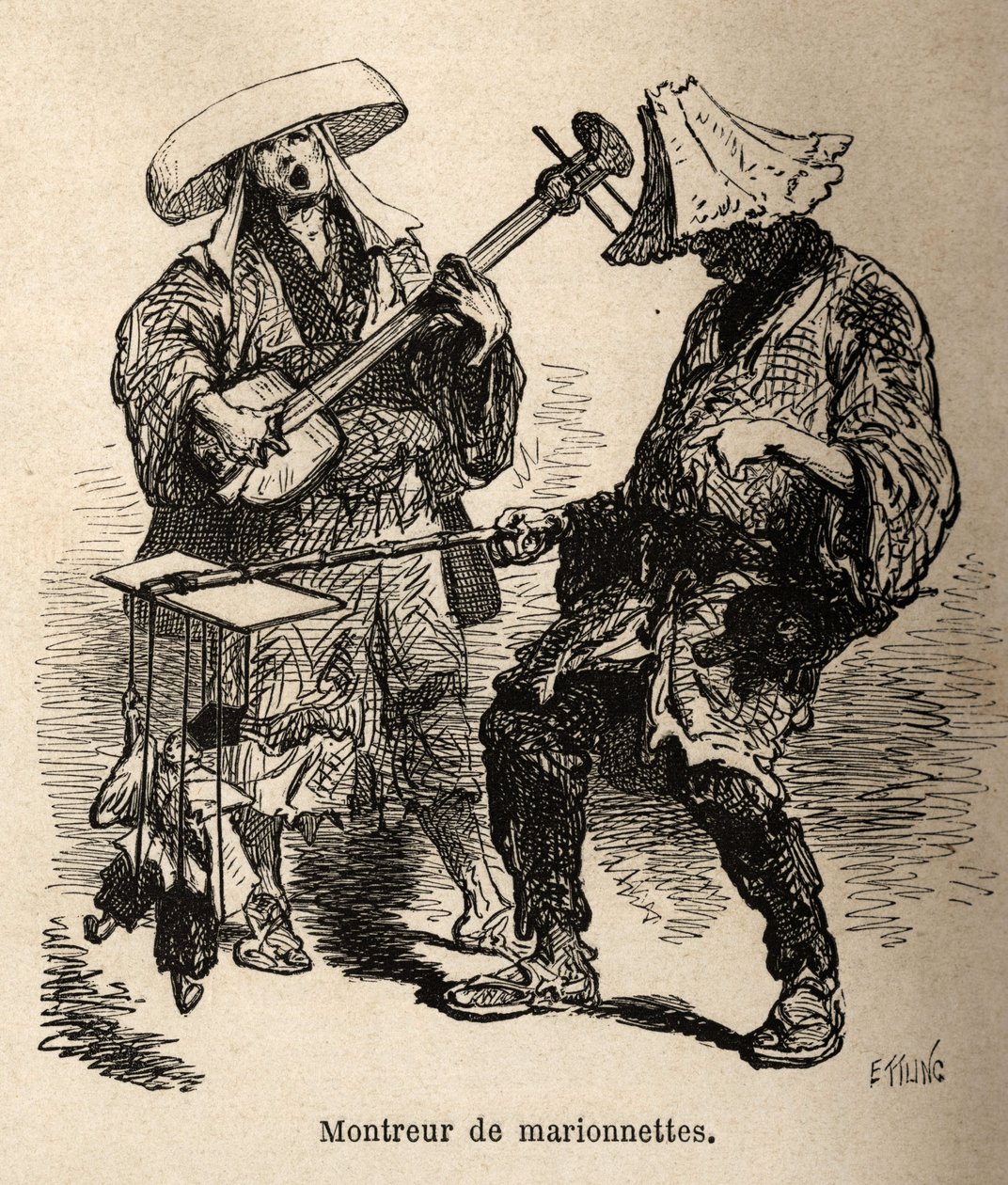 Dukketeateret og musikeren som følger ham for gateunderholdning. Gravering for å illustrere reisen til Japan, av Aime Humbert, minister for det sveitsiske konføderasjonen, i 1863-1864, publisert i "" le tour du monde", under ledelse av Ed av Unknown artist
