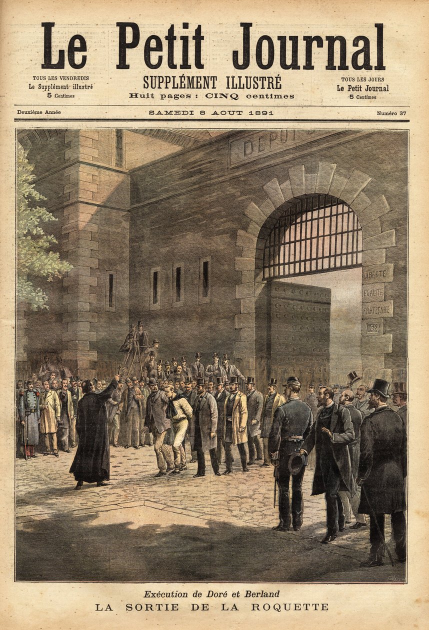 Frigjøringen av Paris-fengselet fra raketten den 27. juli 1891, dømte kriminelle Dore og Berland til døden. Gravering av" Henri Meyer i "" Le petit journal"" 8/08/1891. Selvas samling. av Unknown artist
