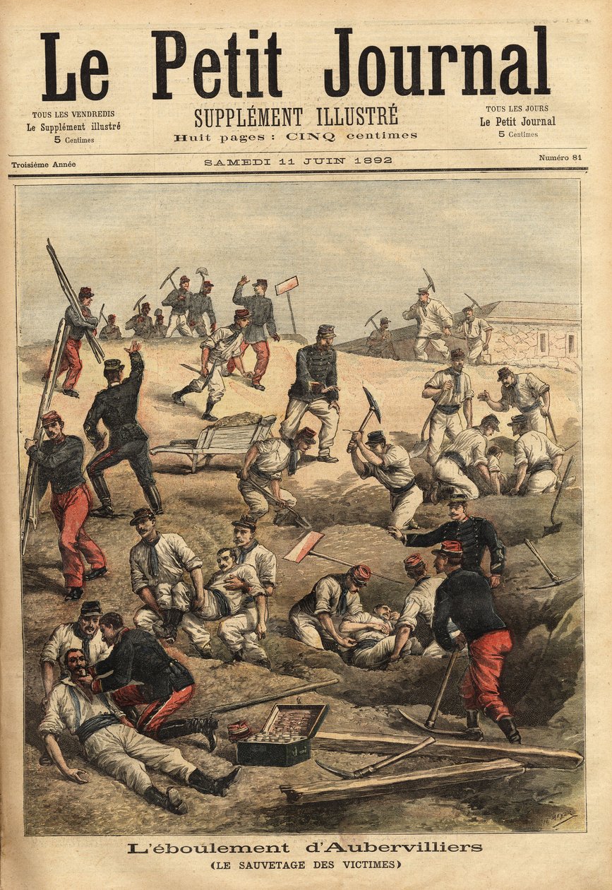 Redningen av ofrene til Aubervilliers, etter kollapsen av det sprø terrenget, svekket av manøvrene til soldatene fra den 16. artilleribataljonen, ble 5 ofre svelget inn i kollapsen. Gravering i "" Le petit journal"" 11.06.1892 av Unknown artist