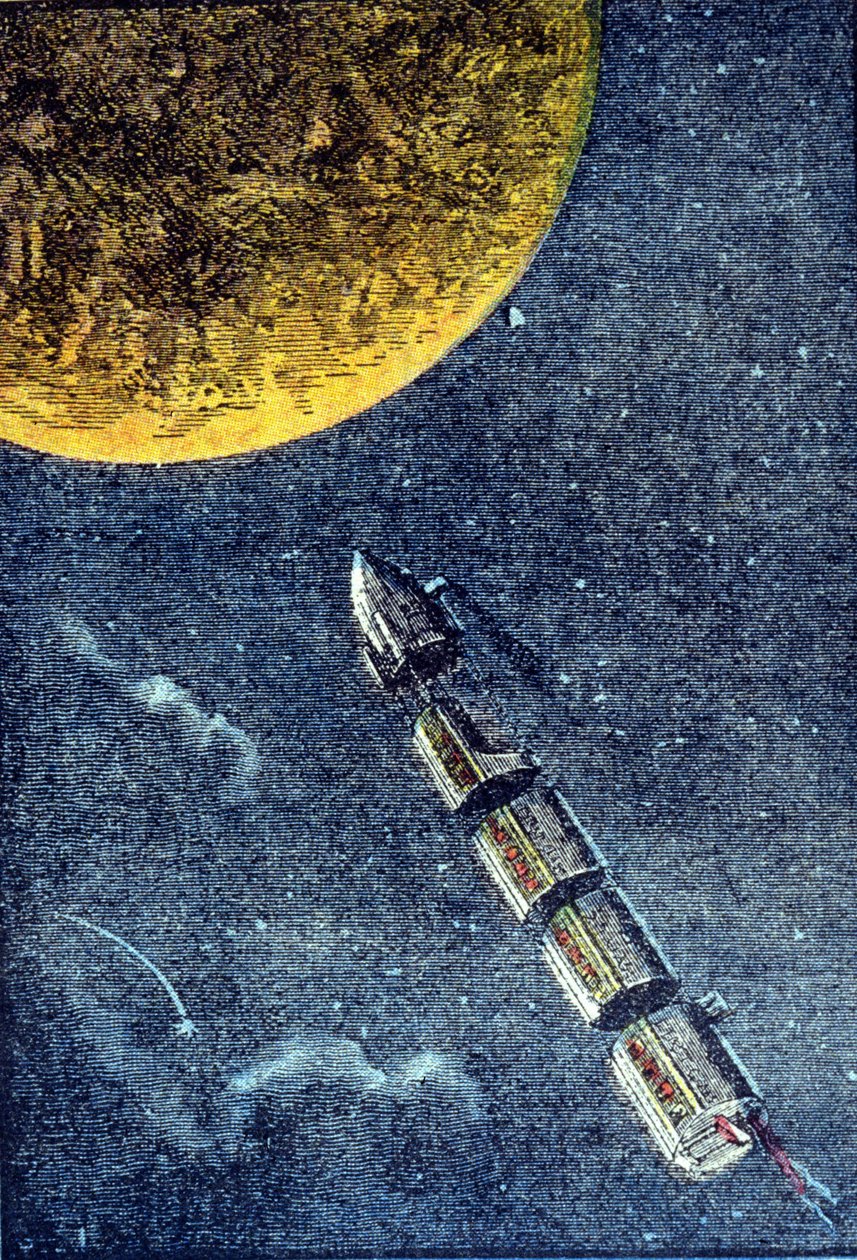 Raketten ble skutt ut i verdensrommet og ankom månen - grav. i «Fra jorden til månen»» av Jules Verne av Unknown artist