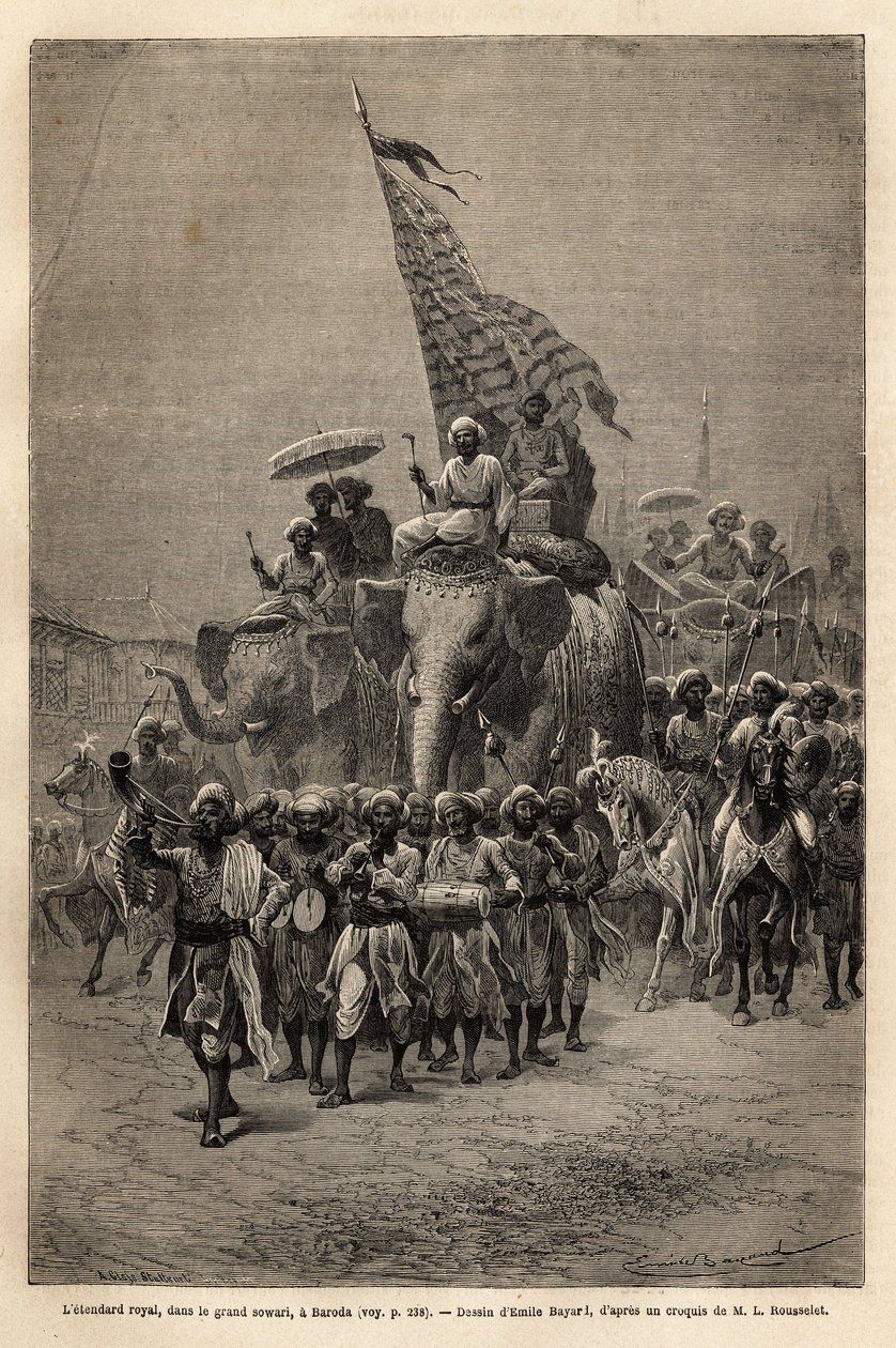 Det kongelige banneret, i sowari (militær prosesjon), i Baroda (eller Vadodara), delstaten Gujarat på nord-østkysten av India. Gravering for å illustrere reise i India av Rajahs, av Louis Rousselet, i 1864-1868, publisert i "" Le tour du monde av Unknown artist