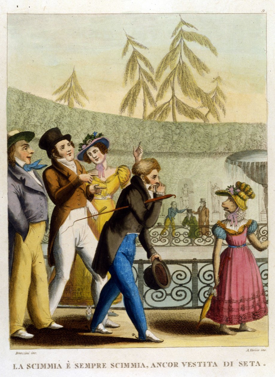 Ordtaket: "En ape, selv kledd i silke, forblir en ape" (Påkken lager ikke munken). Illustrasjon fra en samling av ordtak fra 1700-tallet av Unknown artist